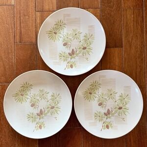3pc VTG 50s MCM Melmac Beverly Prolon‎ 7400 Dinner Plate Brown Green Pine Cones